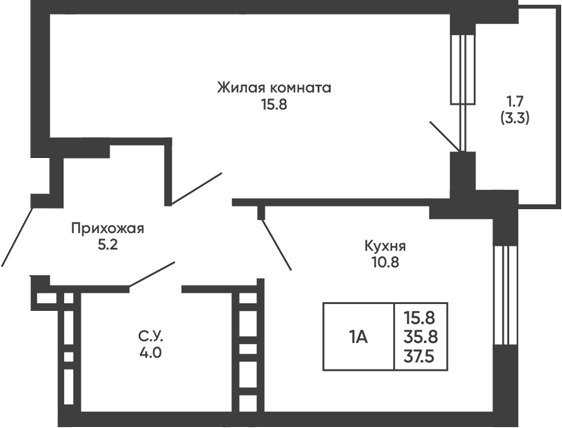 Планировка 1-к.кв 35.80 м² в ЖК «Сподвижники»