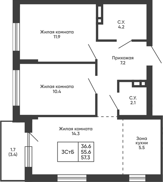 Планировка 3е-к.кв 55.60 м² в ЖК «Сподвижники»