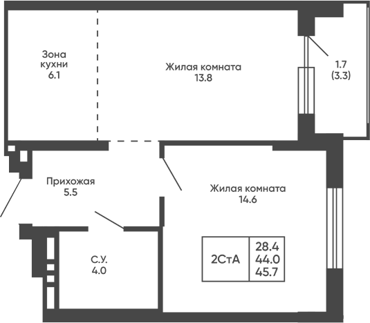 Планировка 2е-к.кв 44.00 м² в ЖК «Сподвижники»