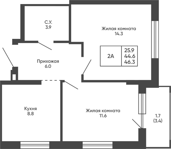 Планировка 2-к.кв 44.60 м² в ЖК «Сподвижники»