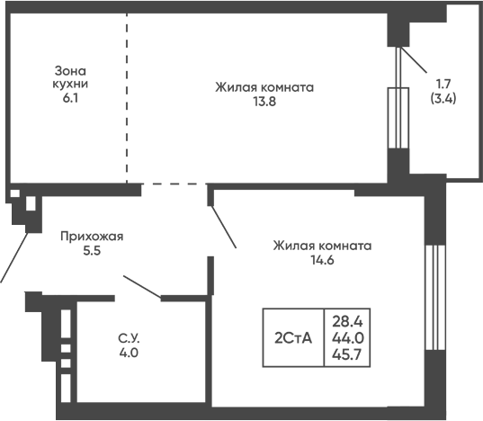 Планировка 2е-к.кв 44.00 м² в ЖК «Сподвижники»