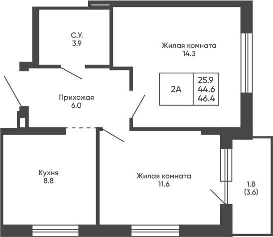 Планировка 2-к.кв 44.60 м² в ЖК «Сподвижники»