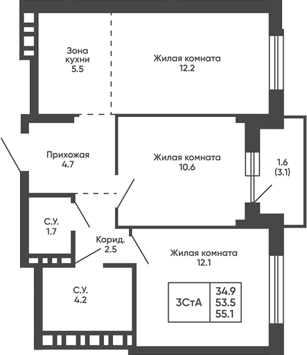 Планировка 3е-к.кв 53.50 м² в ЖК «Сподвижники»