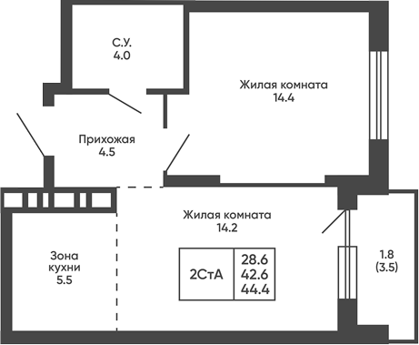 Планировка 2е-к.кв 42.60 м² в ЖК «Сподвижники»
