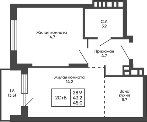 Планировка 2е-к.кв 43.20 м² в ЖК «Сподвижники»