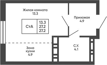 Планировка студии 27.20 м² в ЖК «Сподвижники»