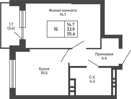 Планировка 1-к. квартира 33.90 м² в ЖК «Сподвижники»