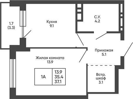 Планировка 1-к.кв 35.40 м² в ЖК «Сподвижники»