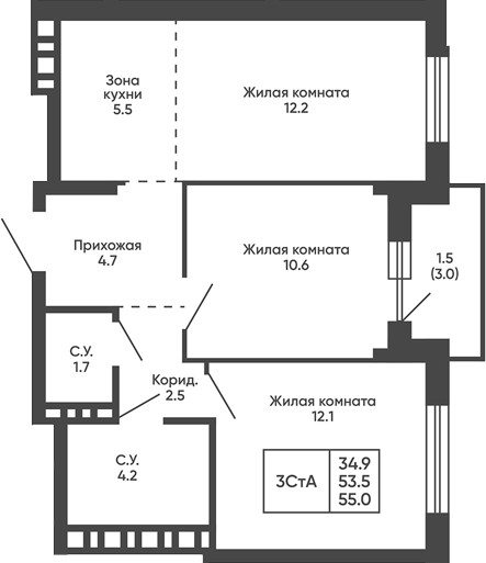 Планировка 3е-к.кв 53.50 м² в ЖК «Сподвижники»