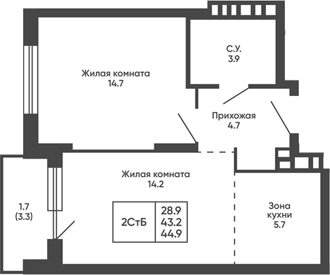 Планировка 2е-к.кв 43.20 м² в ЖК «Сподвижники»