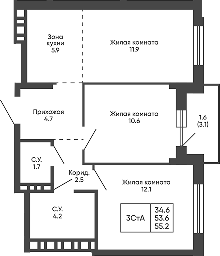 Планировка 3е-к.кв 53.60 м² в ЖК «Сподвижники»