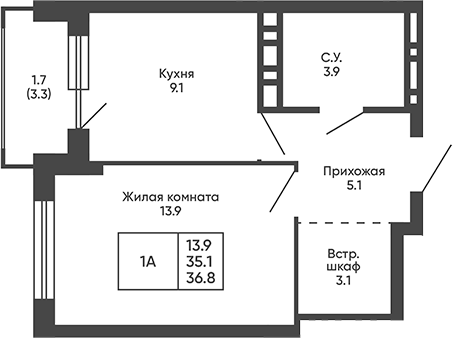 Планировка 1-к.кв 35.10 м² в ЖК «Сподвижники»