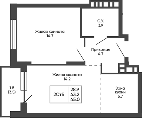 Планировка 2е-к.кв 43.20 м² в ЖК «Сподвижники»