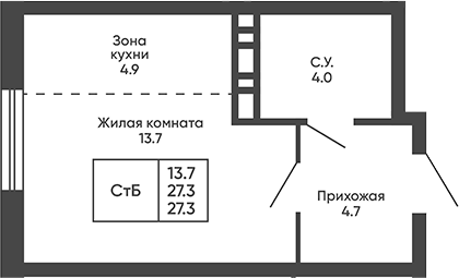 Планировка студии 27.30 м² в ЖК «Сподвижники»