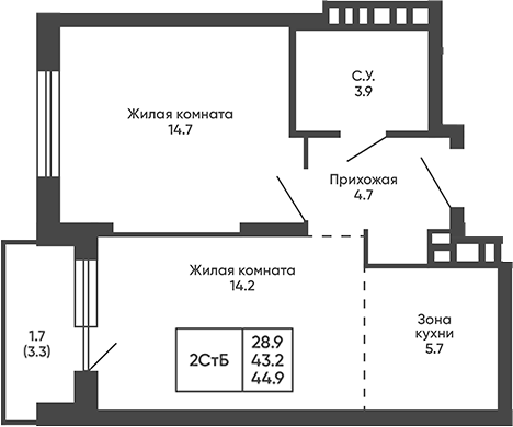 Планировка 2е-к. квартира 43.20 м² в ЖК «Сподвижники»