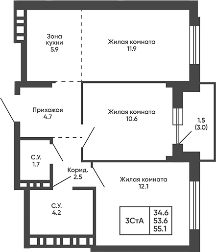 Планировка 3е-к.кв 53.60 м² в ЖК «Сподвижники»