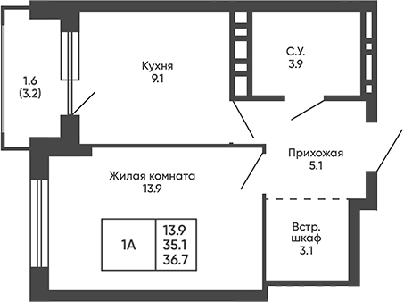 Планировка 1-к.кв 35.10 м² в ЖК «Сподвижники»