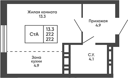 Планировка студии 27.20 м² в ЖК «Сподвижники»