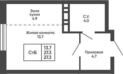 Планировка студии 27.30 м² в ЖК «Сподвижники»