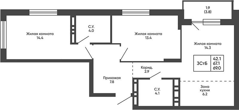 Планировка 3е-к.кв 67.10 м² в ЖК «Сподвижники»
