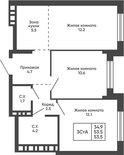 Планировка 3е-к.кв 53.50 м² в ЖК «Сподвижники»