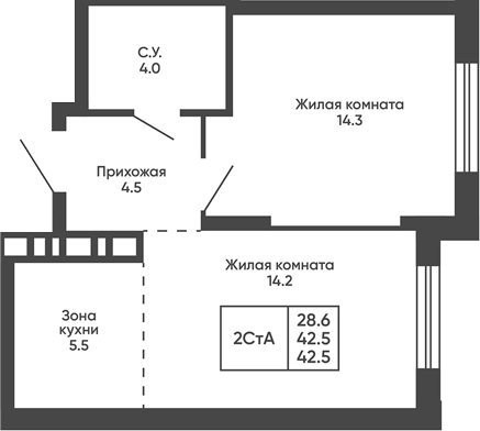 Планировка 2е-к. квартира 42.50 м² в ЖК «Сподвижники»