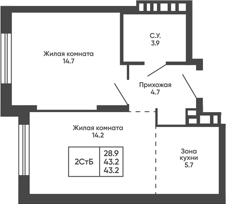 Планировка 2е-к.кв 43.20 м² в ЖК «Сподвижники»
