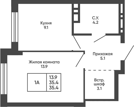 Планировка 1-к.кв 35.40 м² в ЖК «Сподвижники»