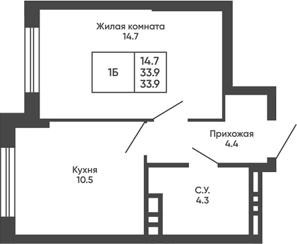 Планировка 1-к.кв 33.90 м² в ЖК «Сподвижники»