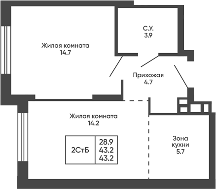 Планировка 2е-к.кв 43.20 м² в ЖК «Сподвижники»