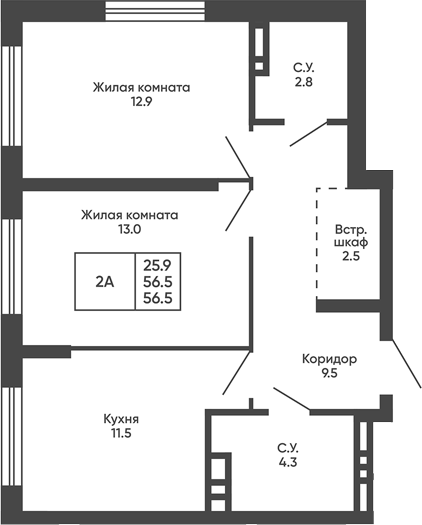 Планировка 2-к.кв 56.50 м² в ЖК «Сподвижники»