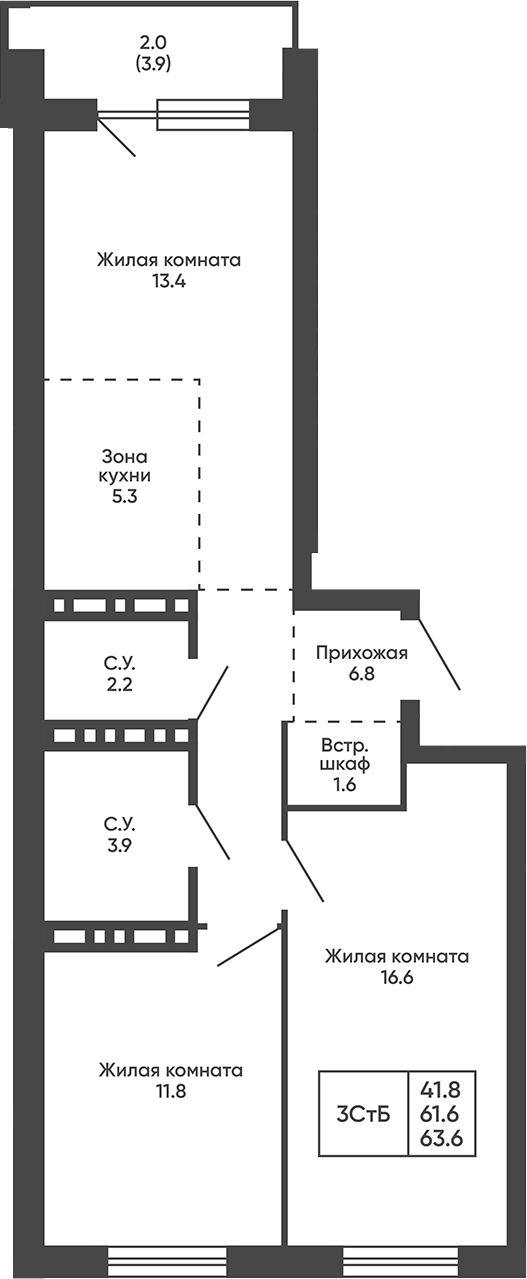Планировка 3е-к.кв 61.60 м² в ЖК «Сподвижники»