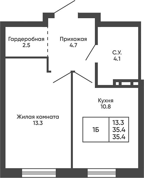 Планировка 1-к.кв 35.40 м² в ЖК «Сподвижники»