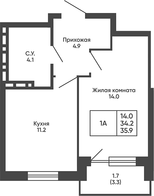 Планировка 1-к.кв 34.20 м² в ЖК «Сподвижники»