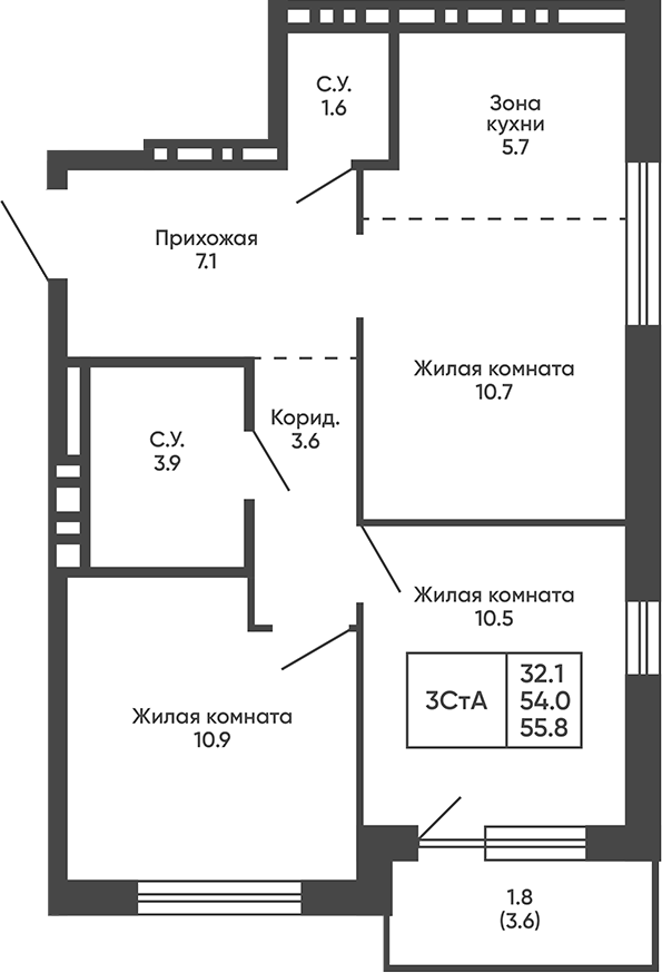 Планировка 3е-к.кв 54.00 м² в ЖК «Сподвижники»