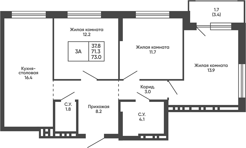 Планировка 3-к.кв 71.30 м² в ЖК «Сподвижники»