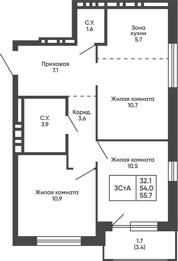 Планировка 3е-к.кв 54.00 м² в ЖК «Сподвижники»