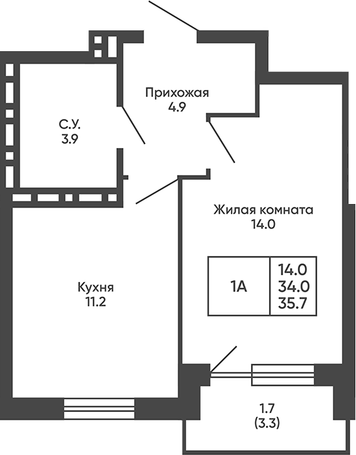 Планировка 1-к. квартира 34.00 м² в ЖК «Сподвижники»