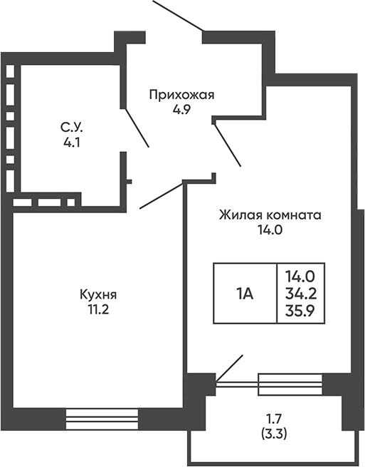 Планировка 1-к.кв 34.20 м² в ЖК «Сподвижники»
