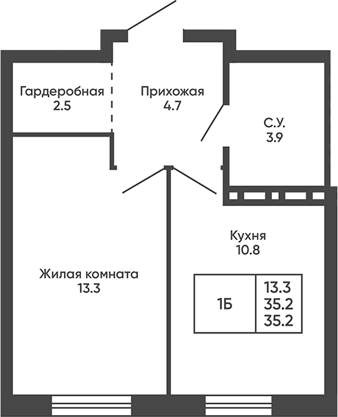 Планировка 1-к. квартира 35.20 м² в ЖК «Сподвижники»