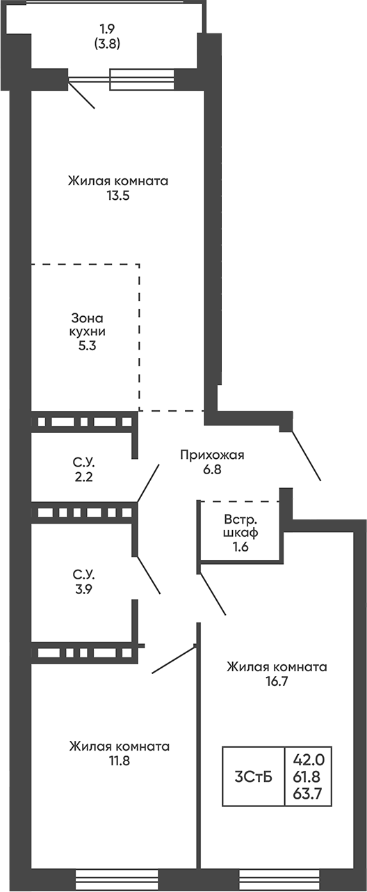 Планировка 3е-к.кв 61.80 м² в ЖК «Сподвижники»