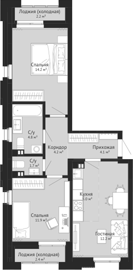 Планировка 3е-к. квартира 59.15 м² в ЖК «Колос. Новокузнецк»