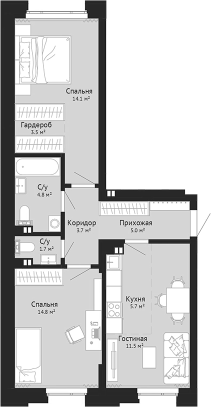 Планировка 3е-к.кв 65.20 м² в ЖК «Колос. Новокузнецк»