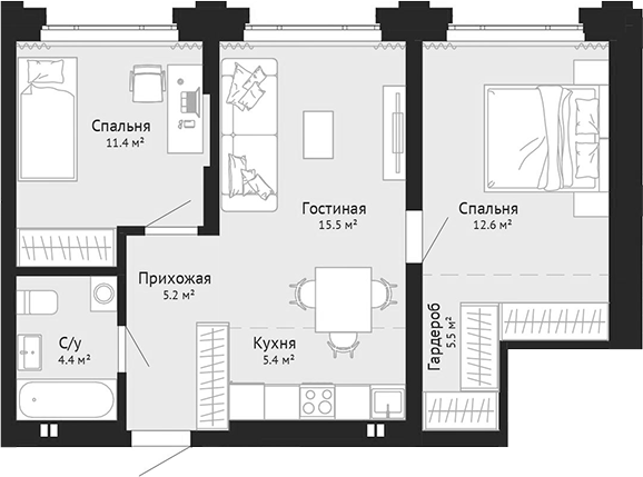 Планировка 3е-к.кв 60.10 м² в ЖК «Колос. Новокузнецк»