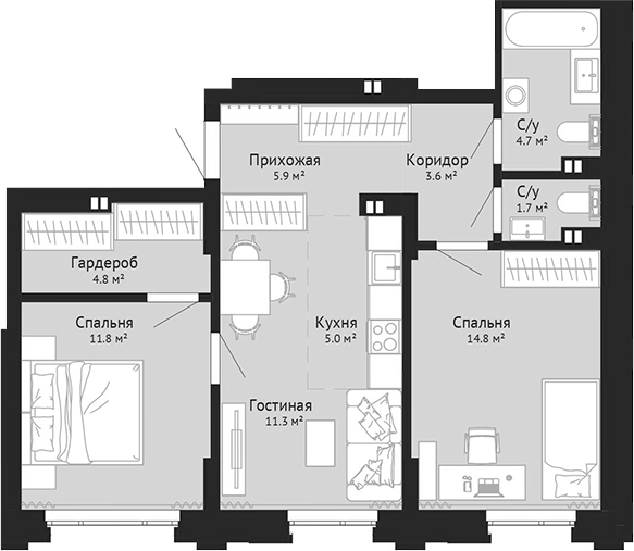 Планировка 3е-к. квартира 63.60 м² в ЖК «Колос. Новокузнецк»