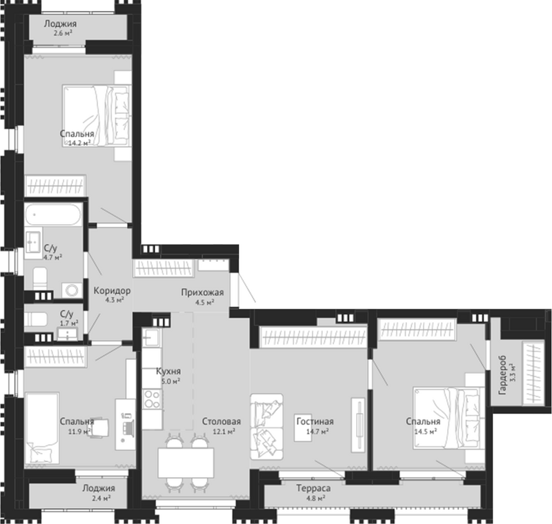 Планировка 4е-к.кв 90.96 м² в ЖК «Колос. Новокузнецк»