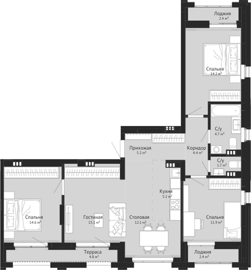 Планировка 4е-к.кв 88.73 м² в ЖК «Колос. Новокузнецк»