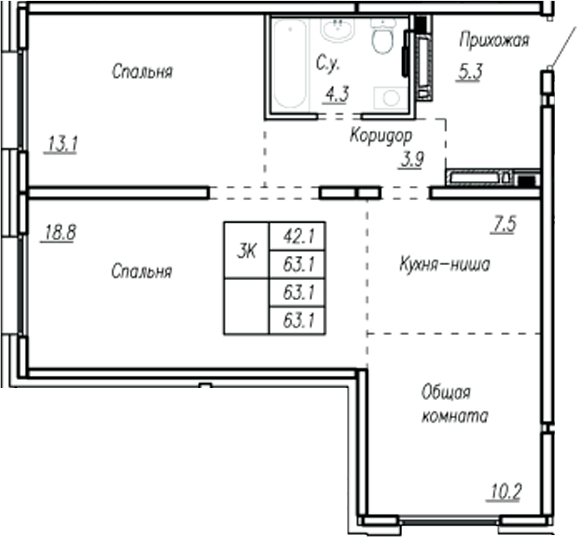 Планировка 3-к.кв 63.10 м² в ЖК «Дом культуры. Барнаул»