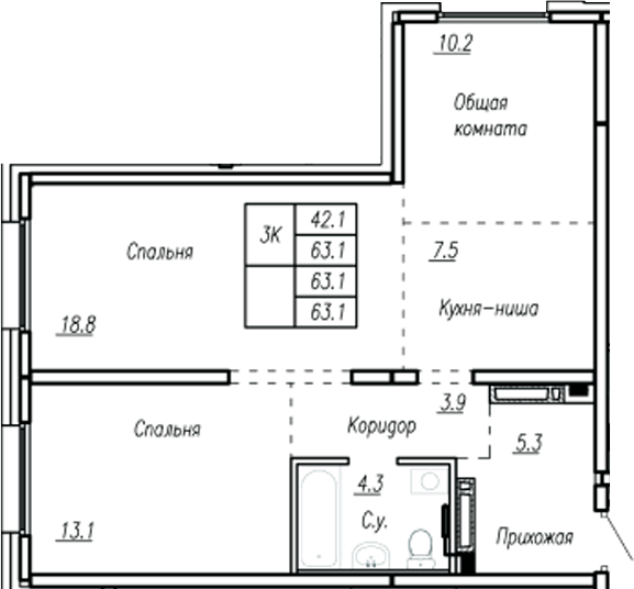 Планировка 3-к.кв 63.10 м² в ЖК «Дом культуры. Барнаул»