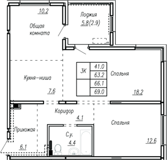 Планировка 3-к.кв 63.20 м² в ЖК «Дом культуры. Барнаул»